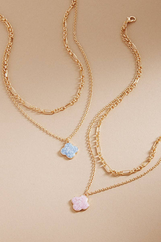 Floral Print Clover Charm Layered Necklace