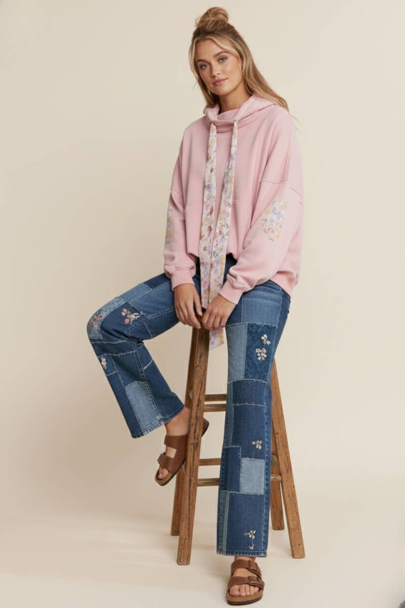 Funnel Neck Floral Patchwork Sweater