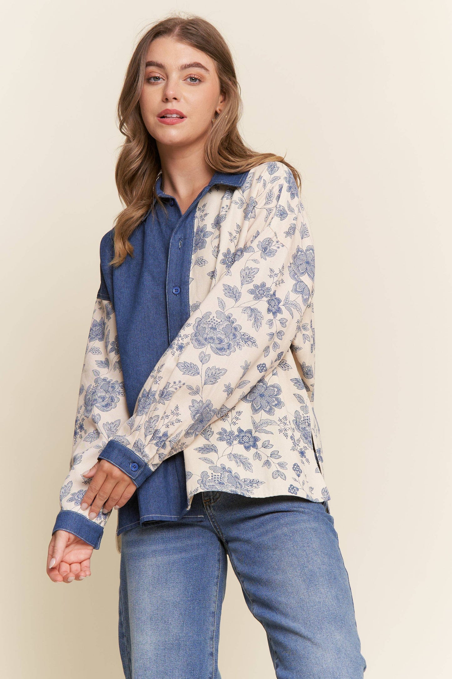 Denim Floral Print Color Block Button Up Top