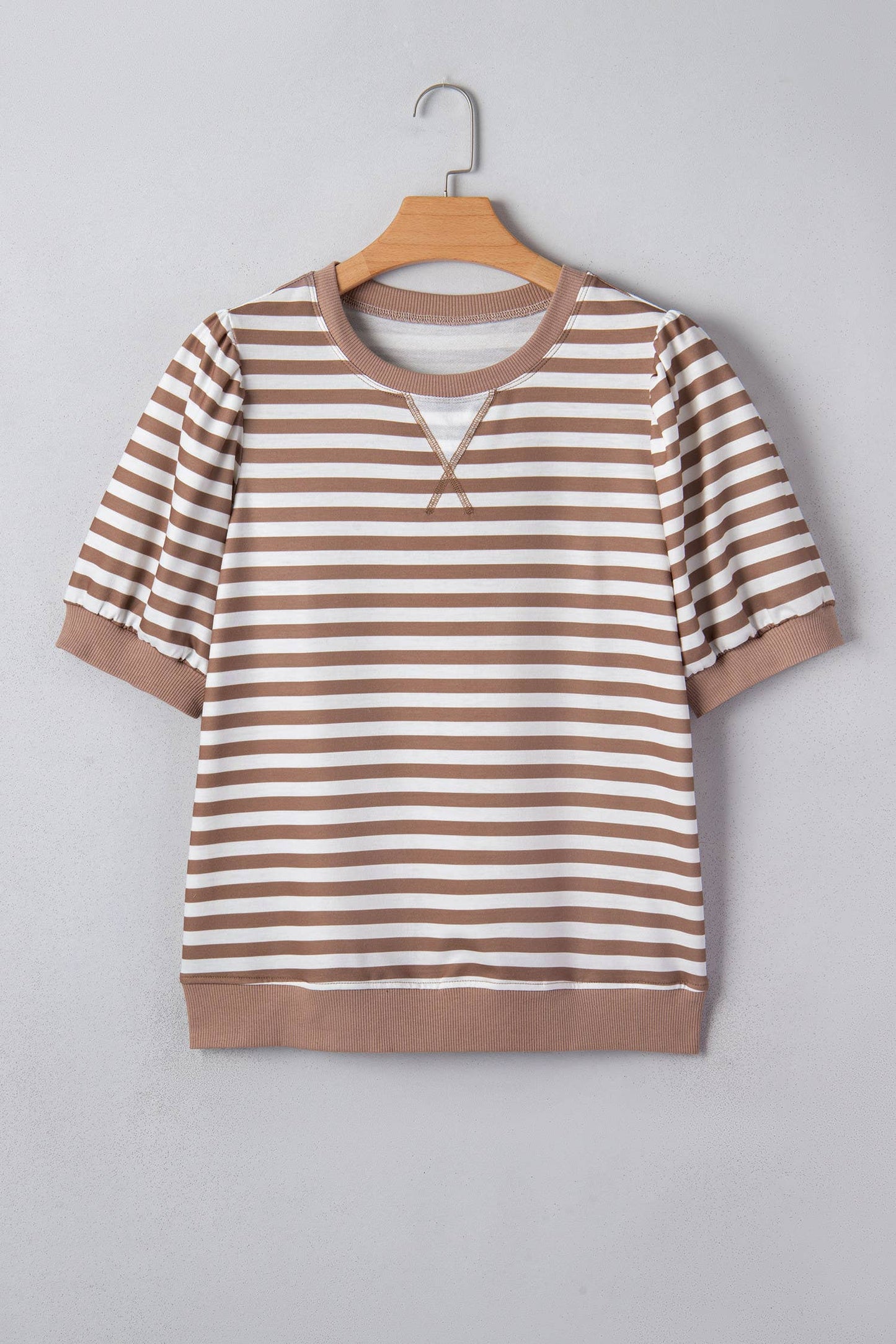 Brown Striped Short Bubble Sleeve Top with Banded Bottom