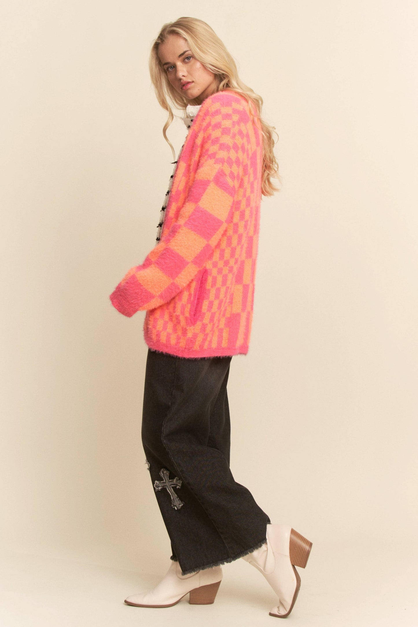 Pink and Orange Checkered Cardigan