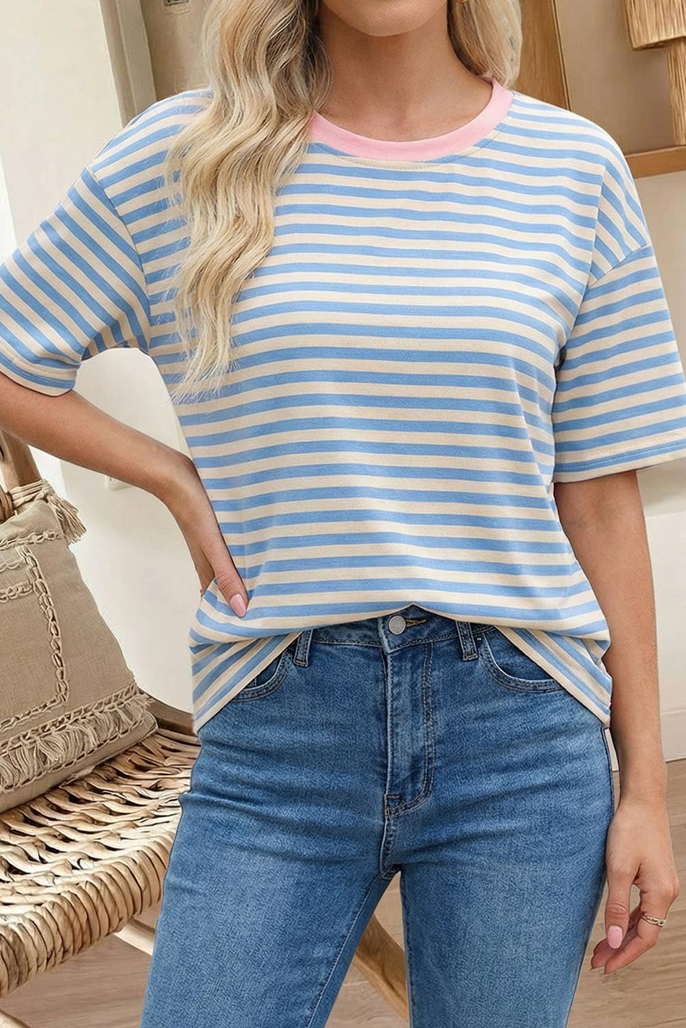 Stripe Contrast Crew Neck Tee