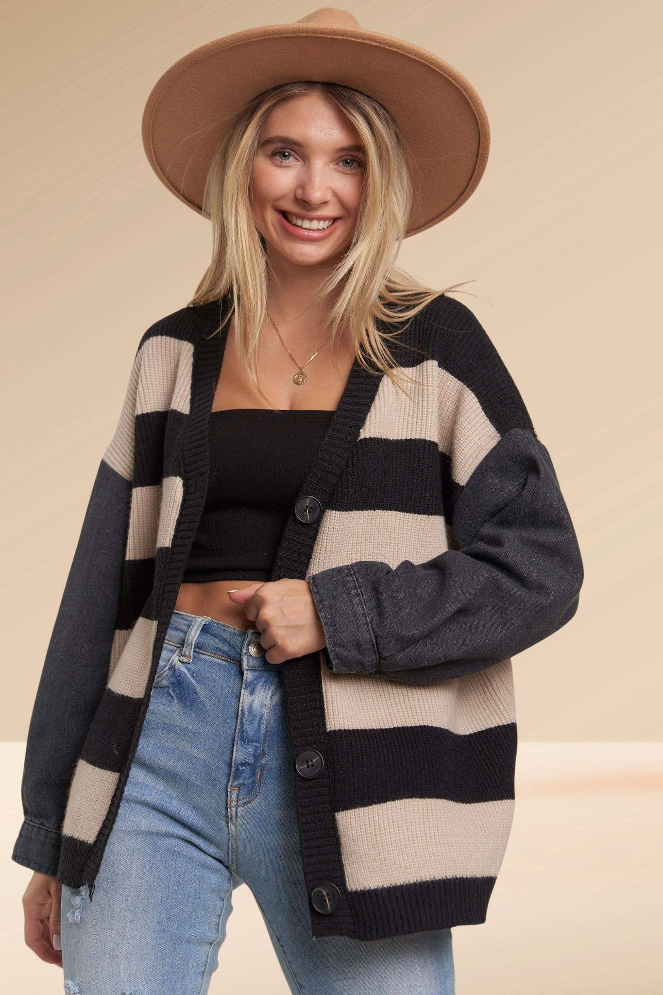 Striped Denim Sleeve Cardigan