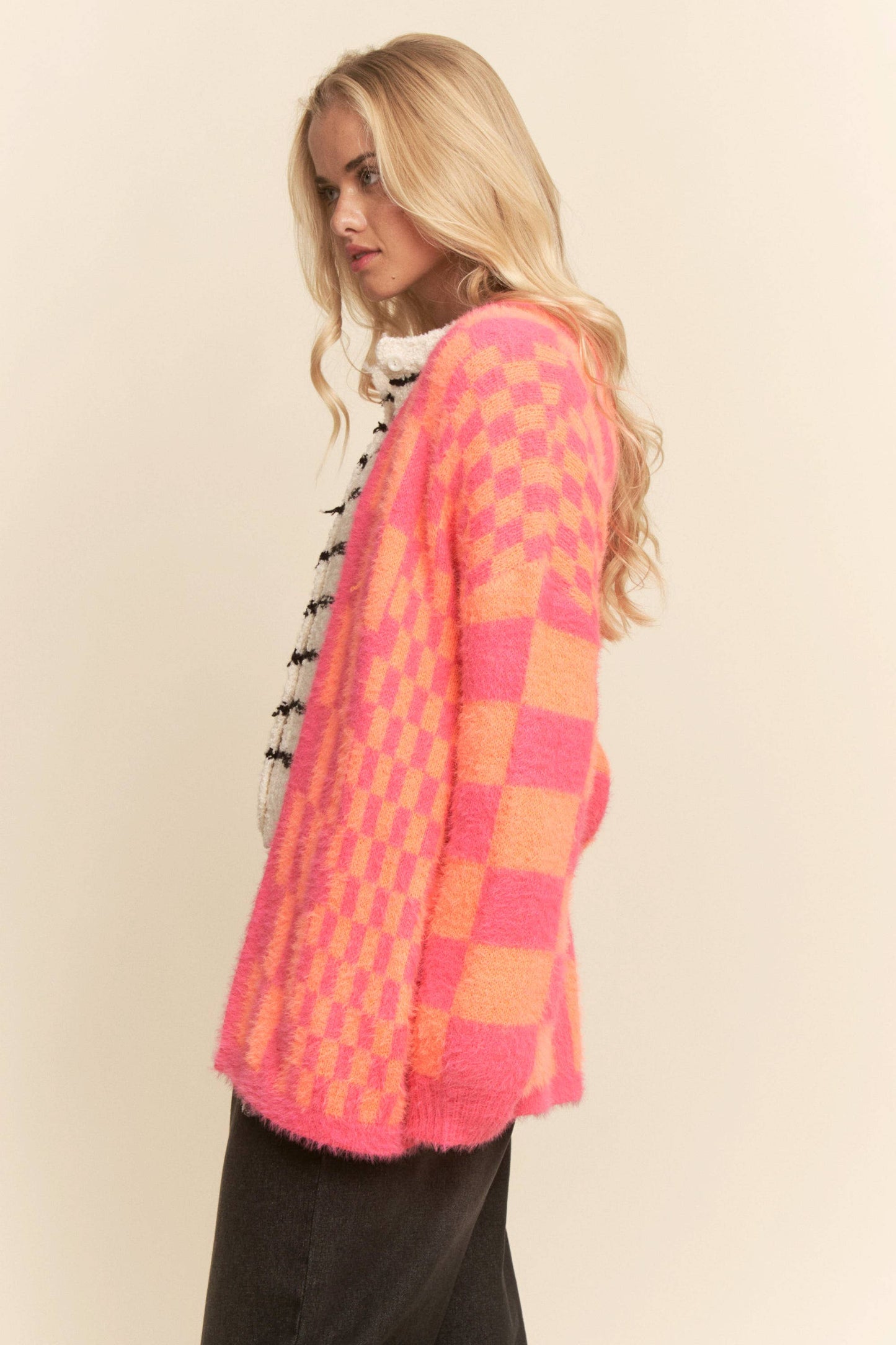 Pink and Orange Checkered Cardigan