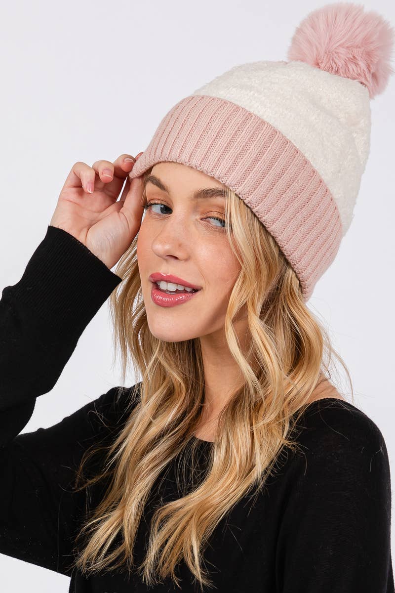 Two Tone Fleeced Pom Pom Beanie