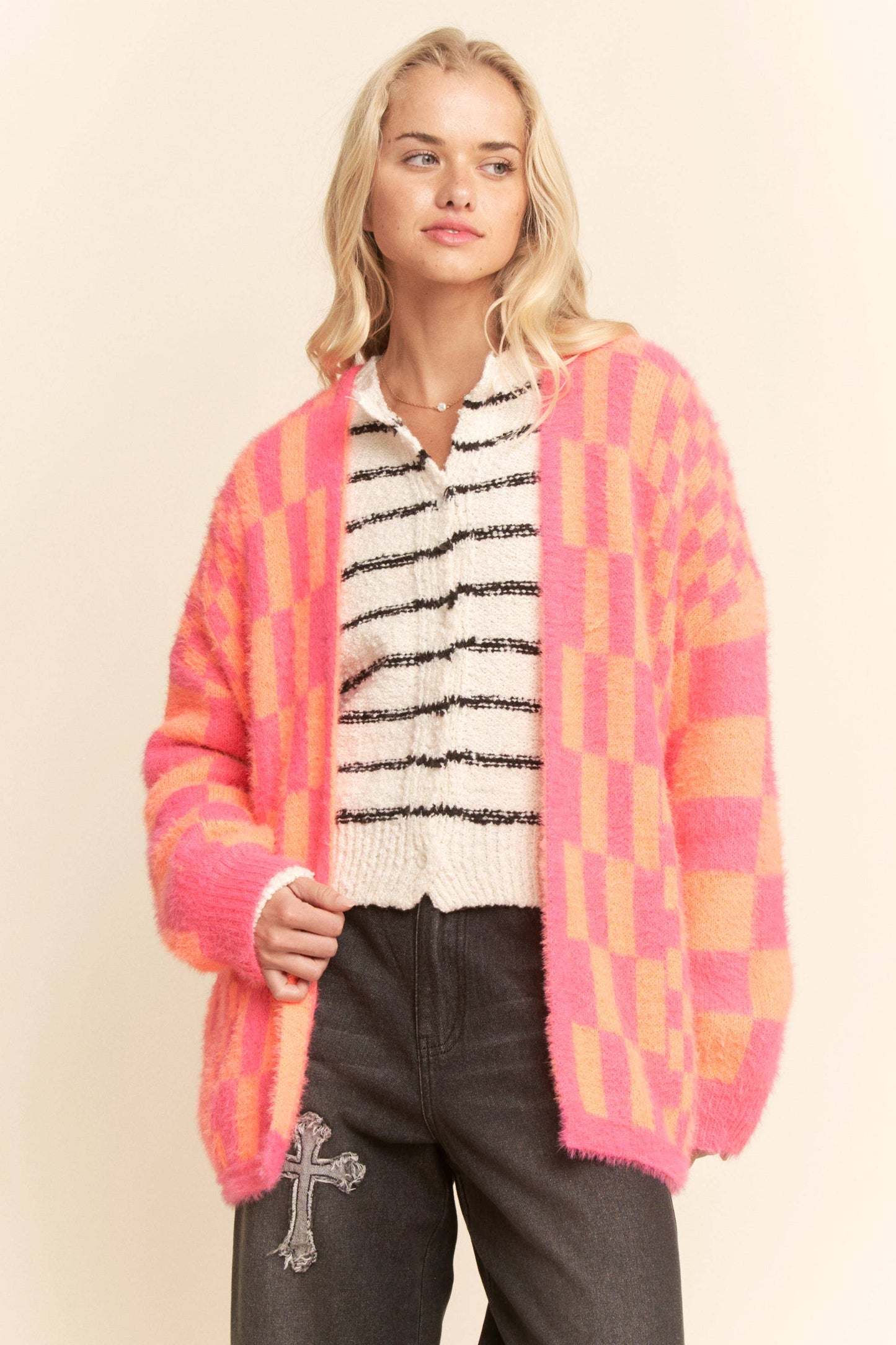 Pink and Orange Checkered Cardigan