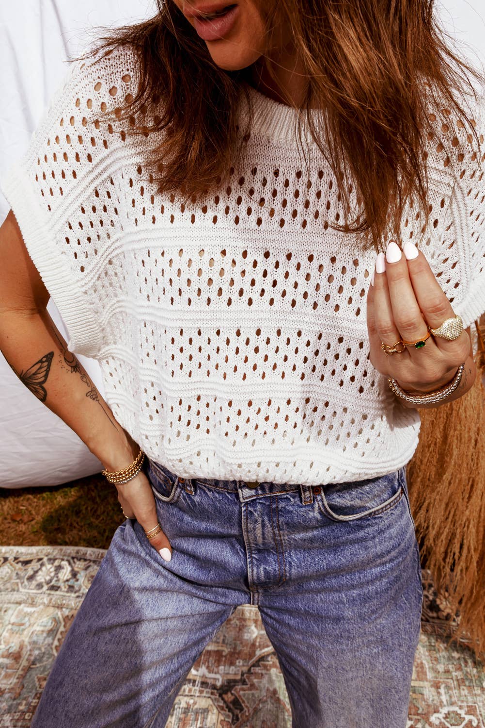 Hollow Out Knit Round Neck Dolman Sweater