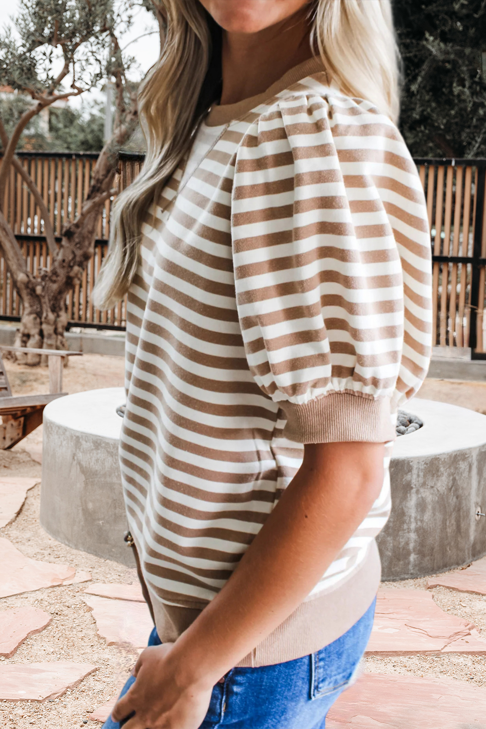 Brown Striped Short Bubble Sleeve Top with Banded Bottom