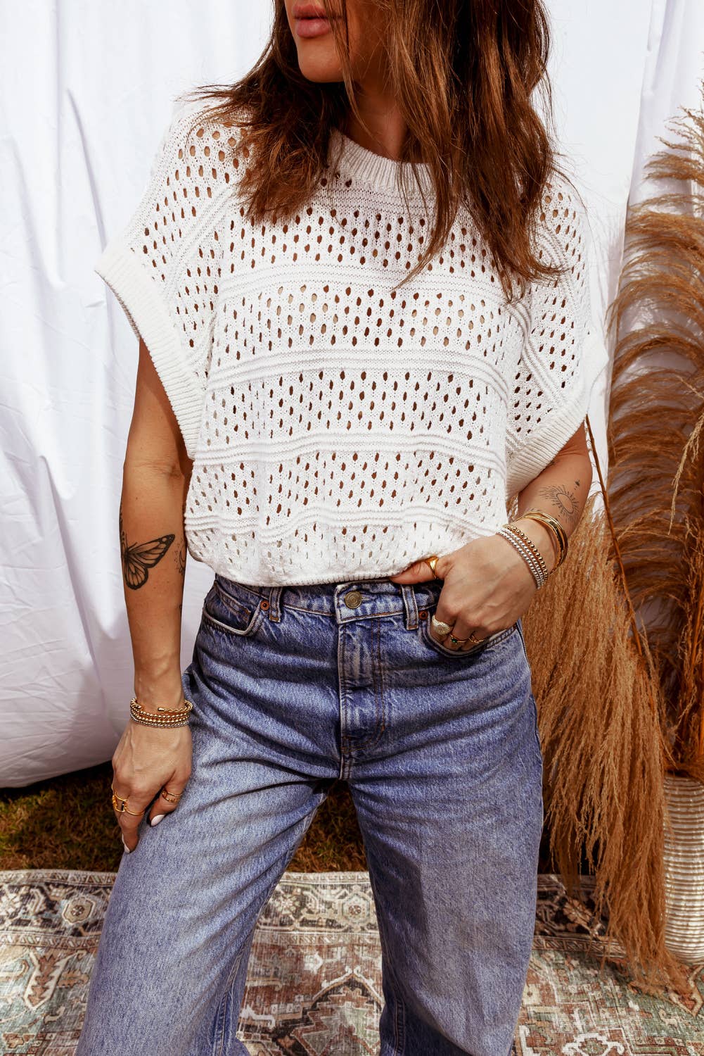 Hollow Out Knit Round Neck Dolman Sweater