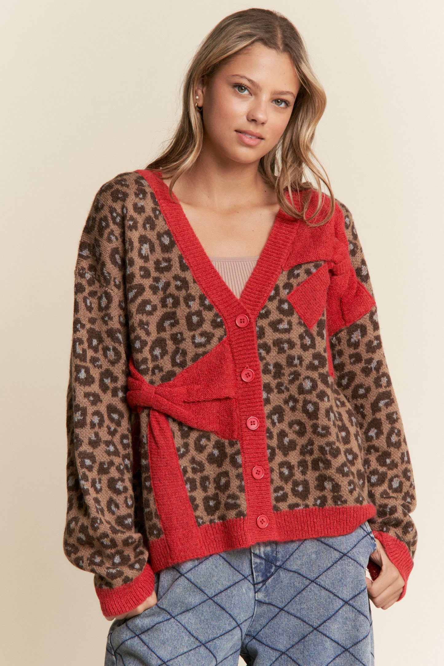 Cheetah Print Red Bow Cardigan