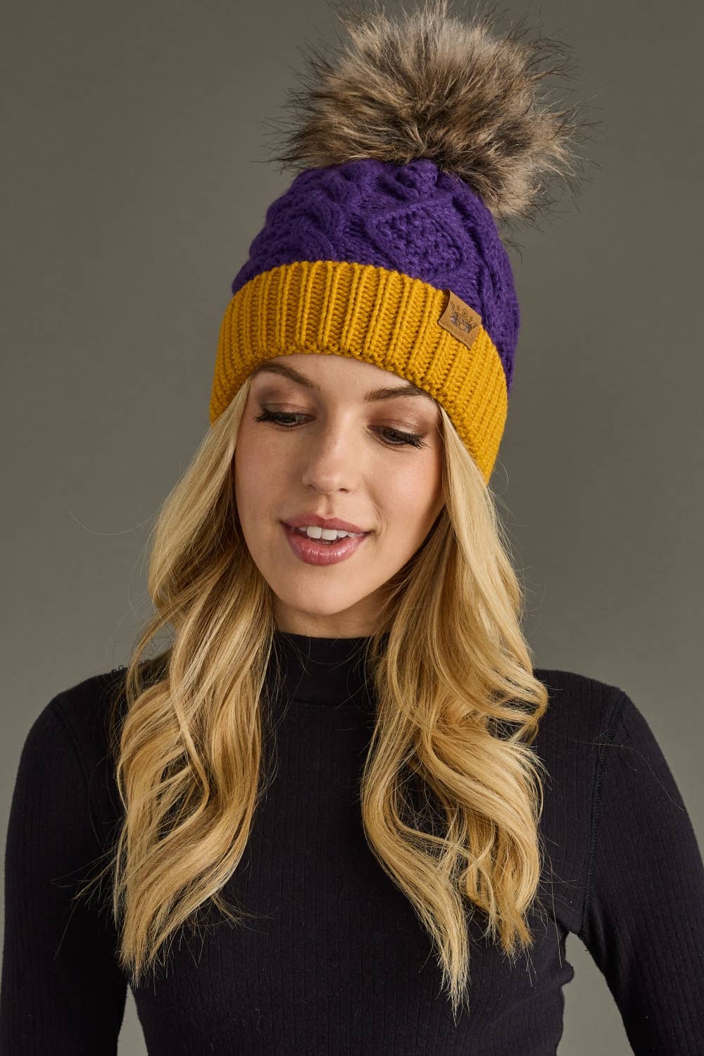 Purple & Gold Trim Cable Knit Pom Hat