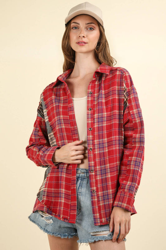 Contrast Plaid Detail Casual Shirt Top