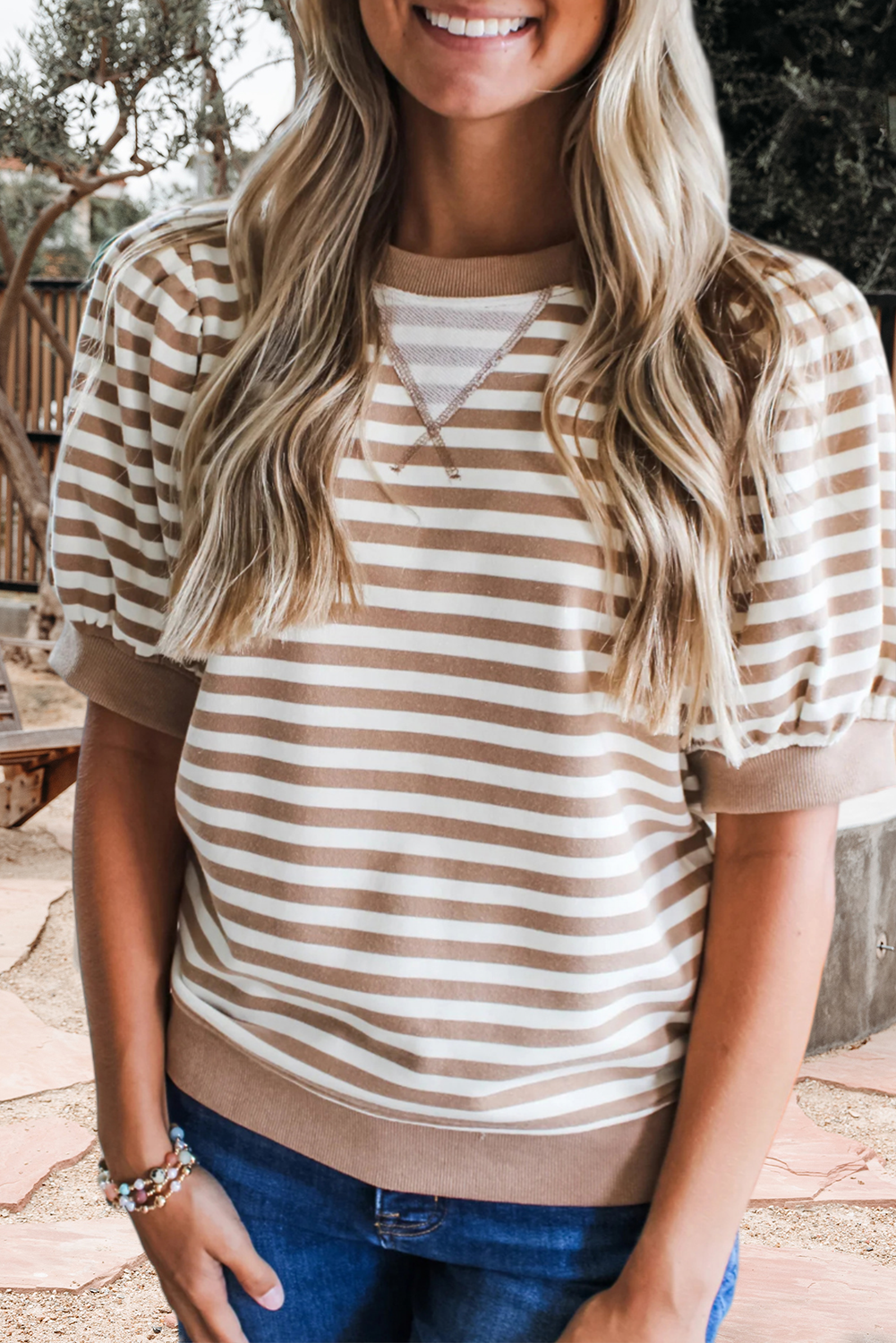 Brown Striped Short Bubble Sleeve Top with Banded Bottom