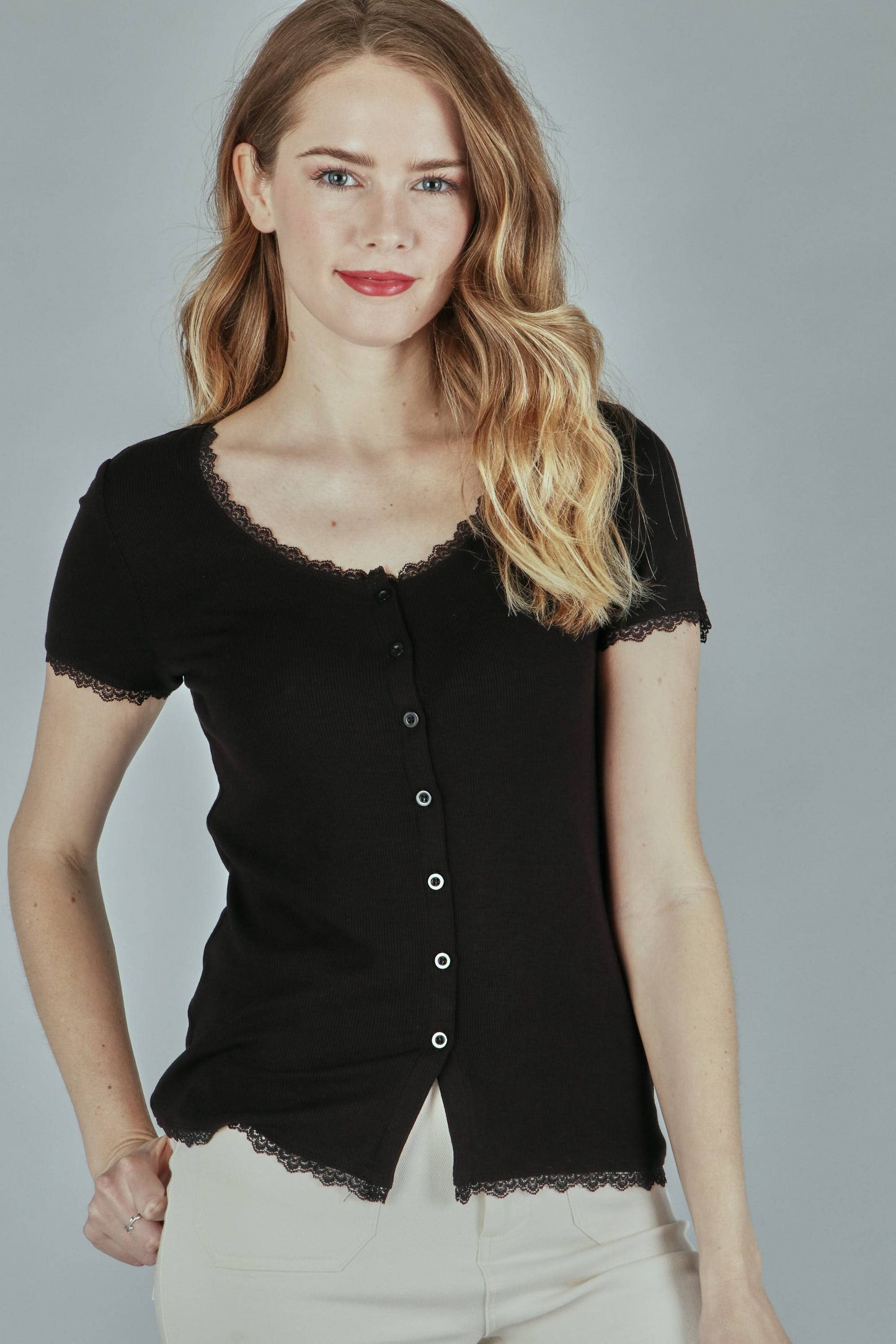 Solid Rib Button Top
