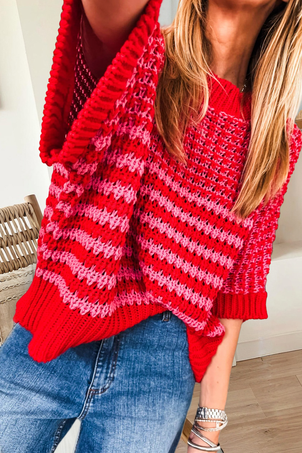 Pink and Red Stripe 3/4 Draped Sleeve Slouchy Sweater