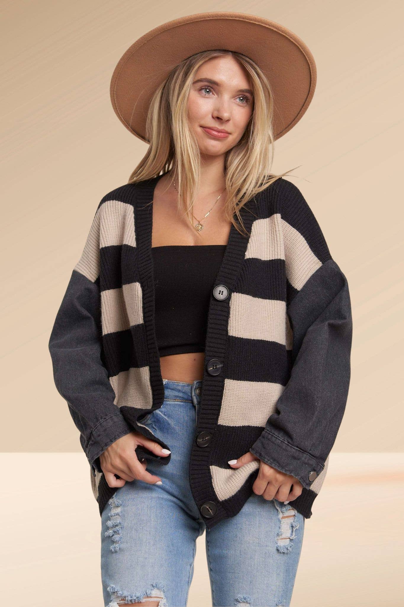 Striped Denim Sleeve Cardigan