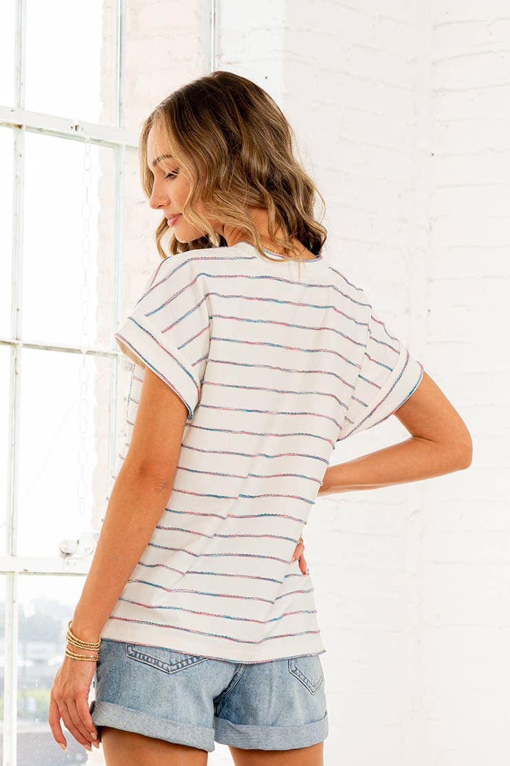 Cuff Sleeves Striped Top with Pocket