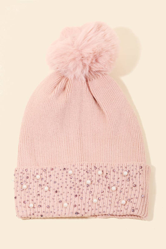 Bejeweled Ribbed Pom Beanie