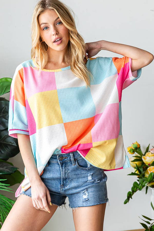 Spring Summer Colorful Checkered Top with Slits