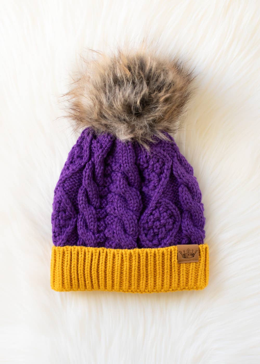 Purple & Gold Trim Cable Knit Pom Hat
