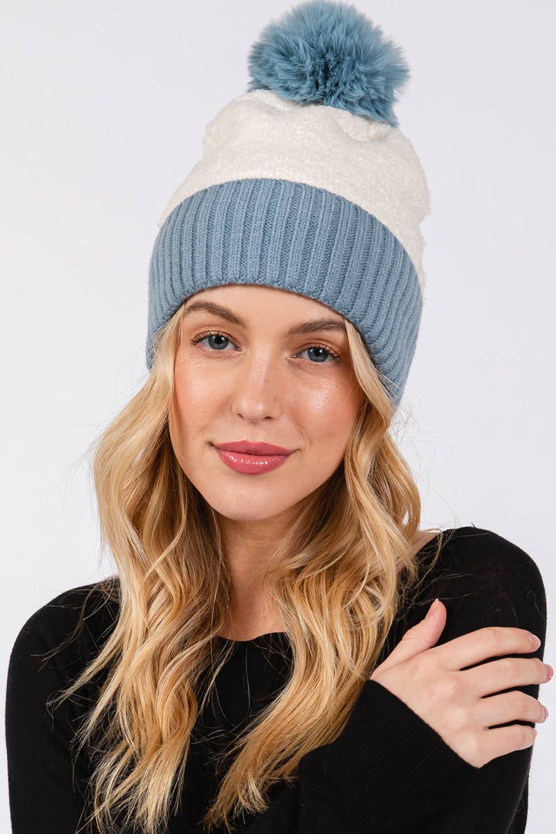 Two Tone Fleeced Pom Pom Beanie