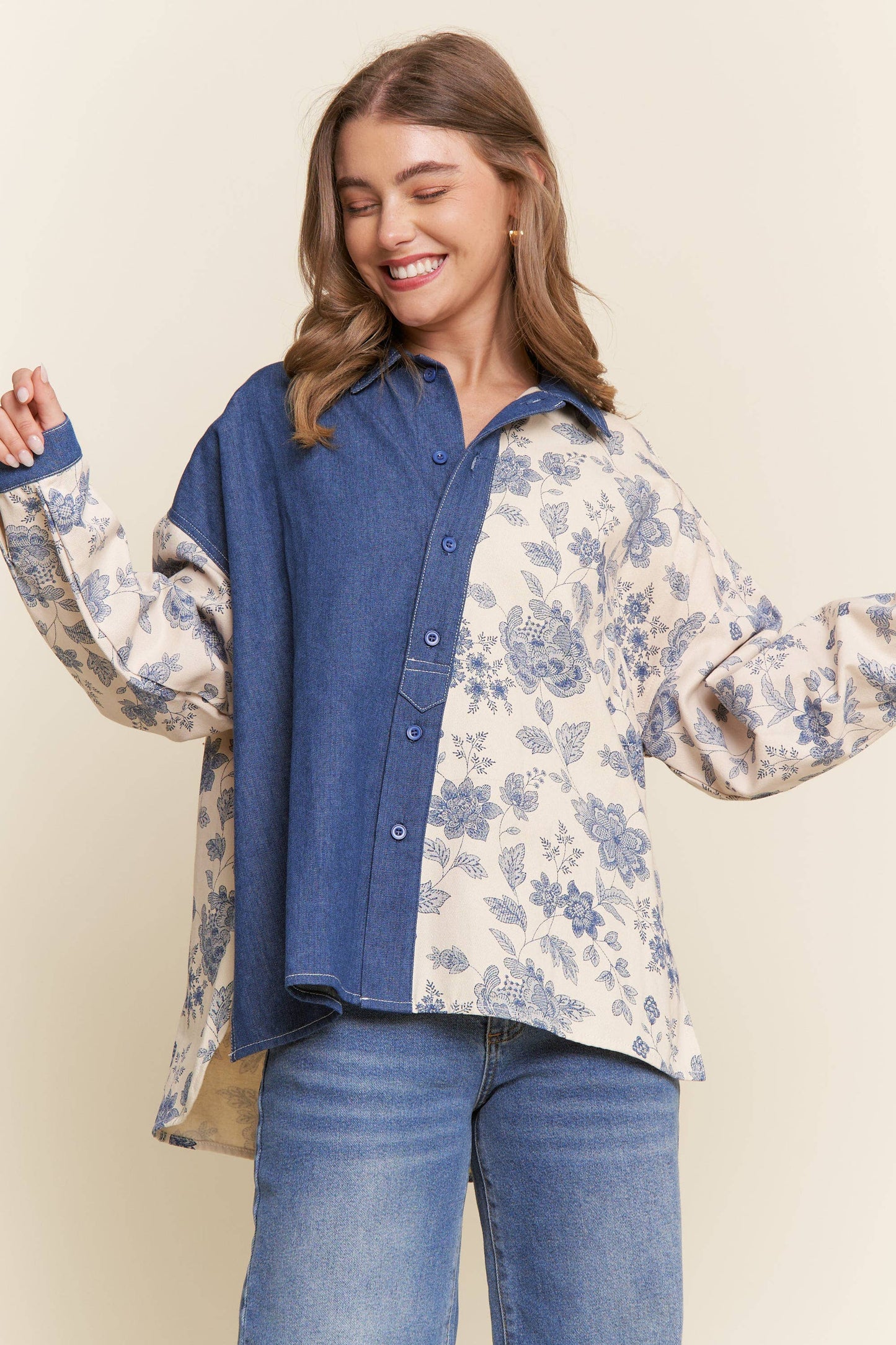 Denim Floral Print Color Block Button Up Top