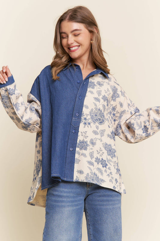 Denim Floral Print Color Block Button Up Top