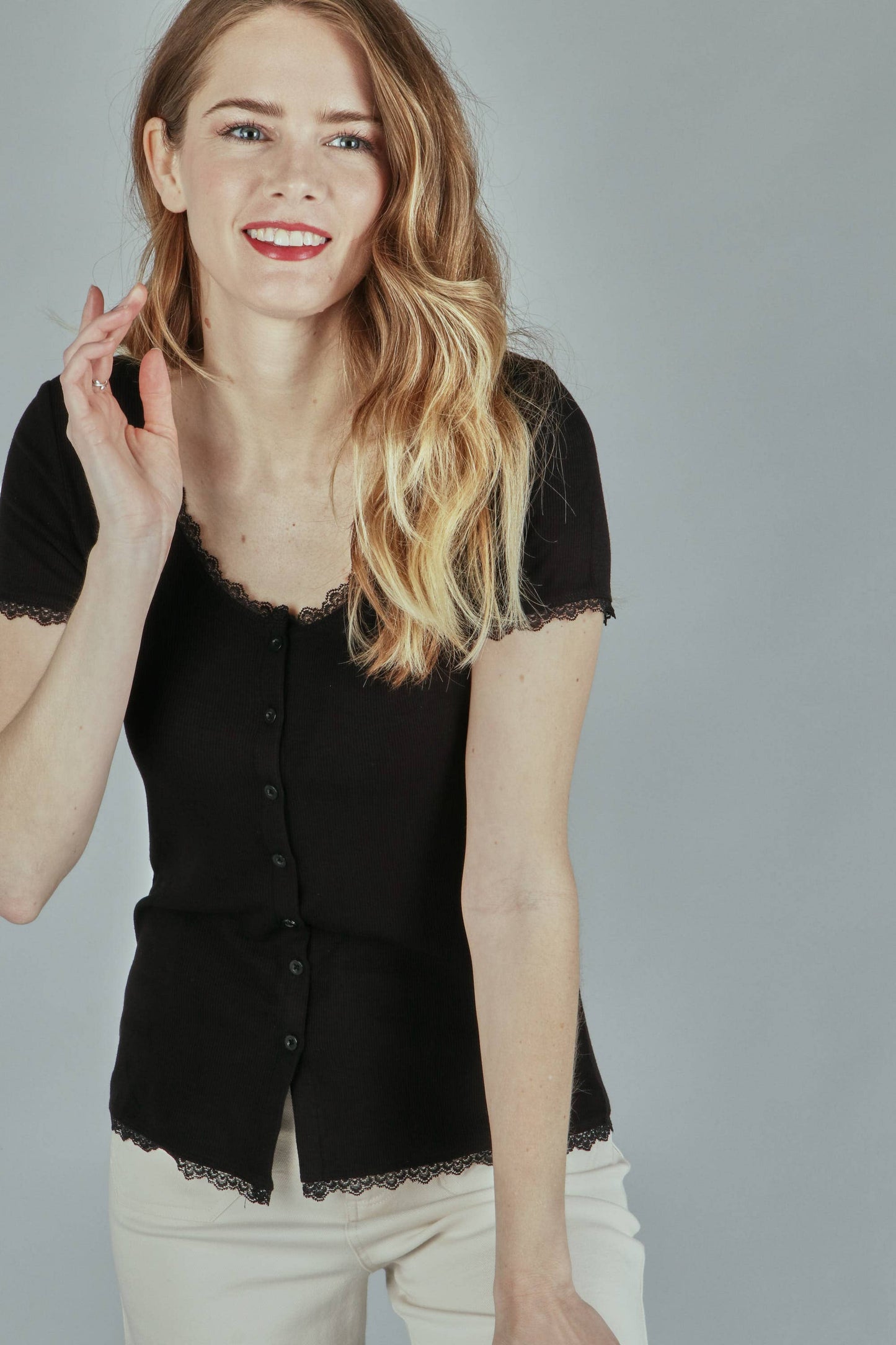 Solid Rib Button Top