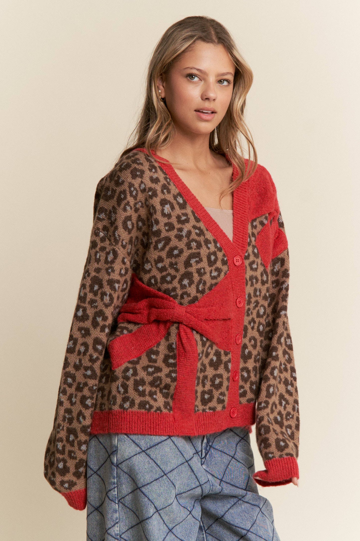 Cheetah Print Red Bow Cardigan