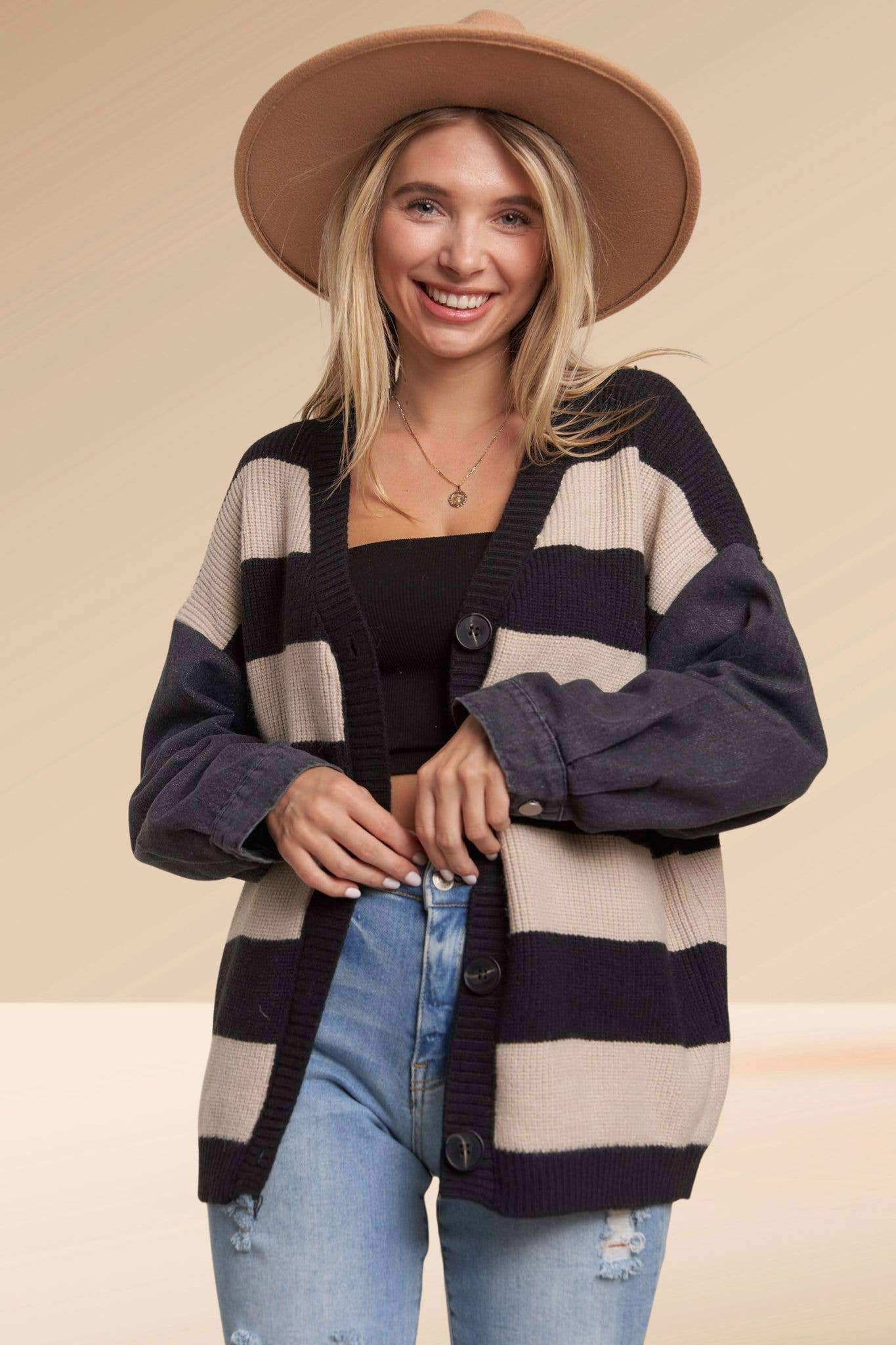 Striped Denim Sleeve Cardigan