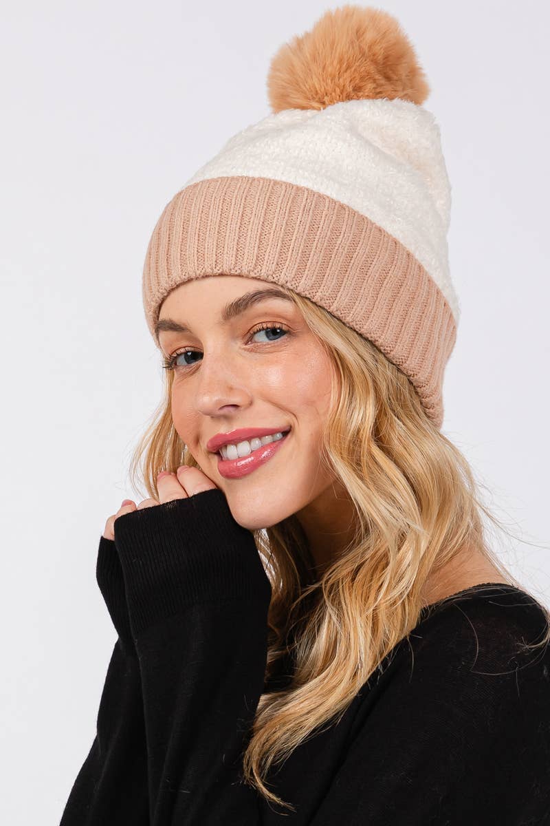 Two Tone Fleeced Pom Pom Beanie