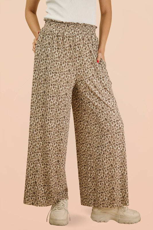 Wide Leg Leopard Pleated Comfy Pants