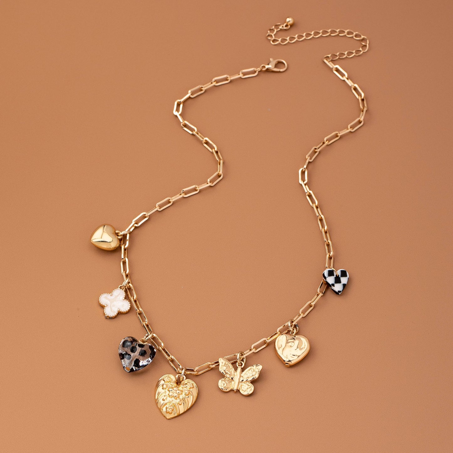 Rhinestone and Checkered Heart Charm Necklace